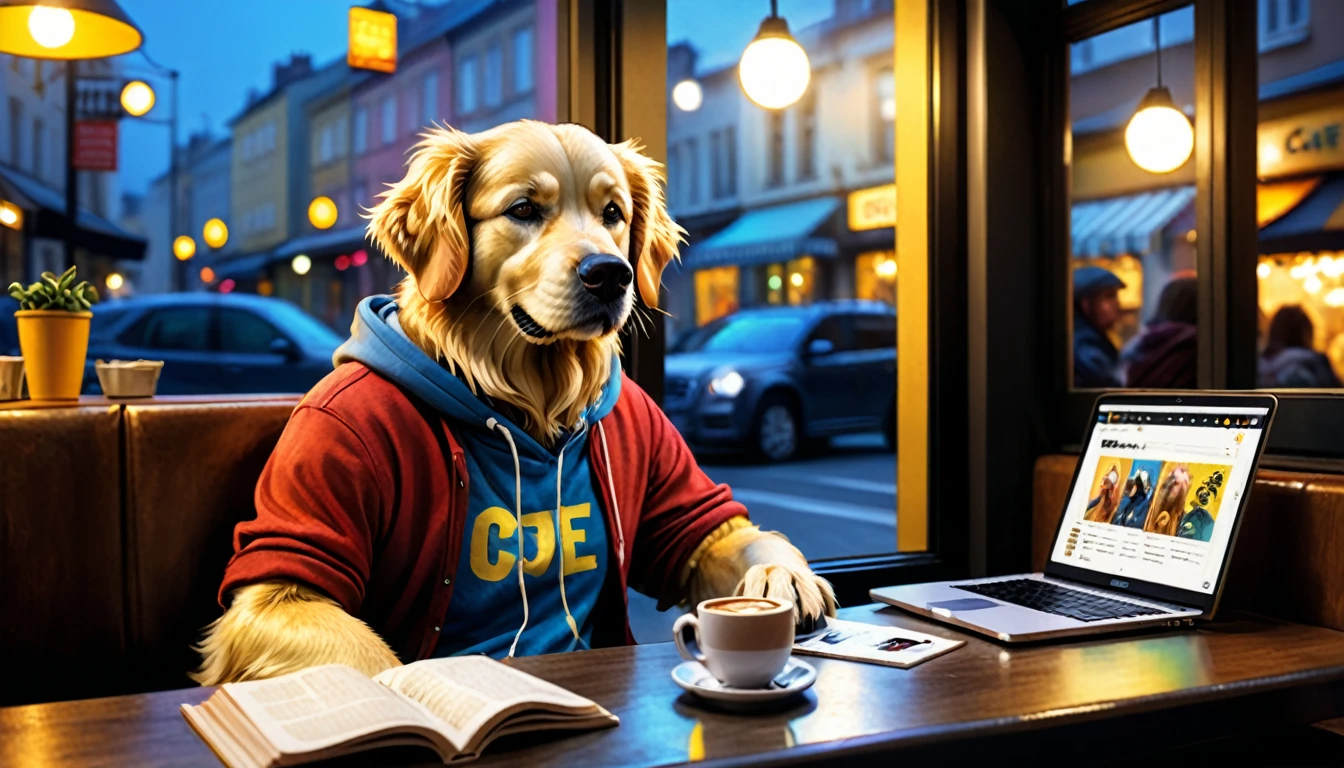 (Photo film style), (((Rainy night))), Anthropomorphic, A cool golden retriever in casual clothes, Sitting by the window in a café, Drink coffee, Listening to music through headphones, (Reading a book), 2D, colorful, Warm atmosphere, Shiny, Jean-Baptiste Monge Style, Alan Lee Style