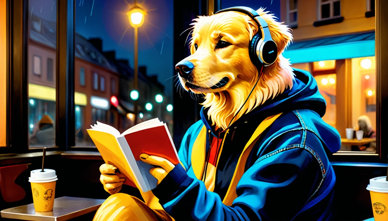 (Photo film style), (((Rainy night))), Anthropomorphic, A cool golden retriever in casual clothes, Sitting by the window in a café, Drink coffee, Listening to music through headphones, (Reading a book), 2D, colorful, Warm atmosphere, Shiny, Jean-Baptiste Monge Style, Alan Lee Style