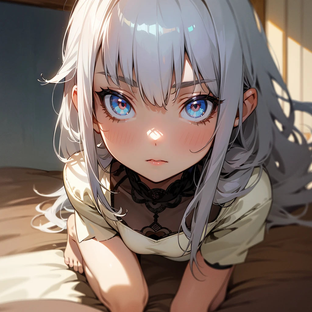 ((best quality)), ((masterpiece)), (detailed), 1 Girl,bedroom, Silver Hair,Silver pupils,bend over,Lean forward,Barefoot,Slender figure,Slim body,9 ,Bangs,Slightly curly long hair,bedroom,beautiful girl,Beautiful face,Oval face,big eyes,Light makeup,Minors,Disheveled,Shy expression,Lots of details,Ultra-clear texture,Light and color,Face takes up 1 screen/4,Correct perspective,Correct body structure,Correct posture,Ultra detailed lips,Eyes with lots of detail