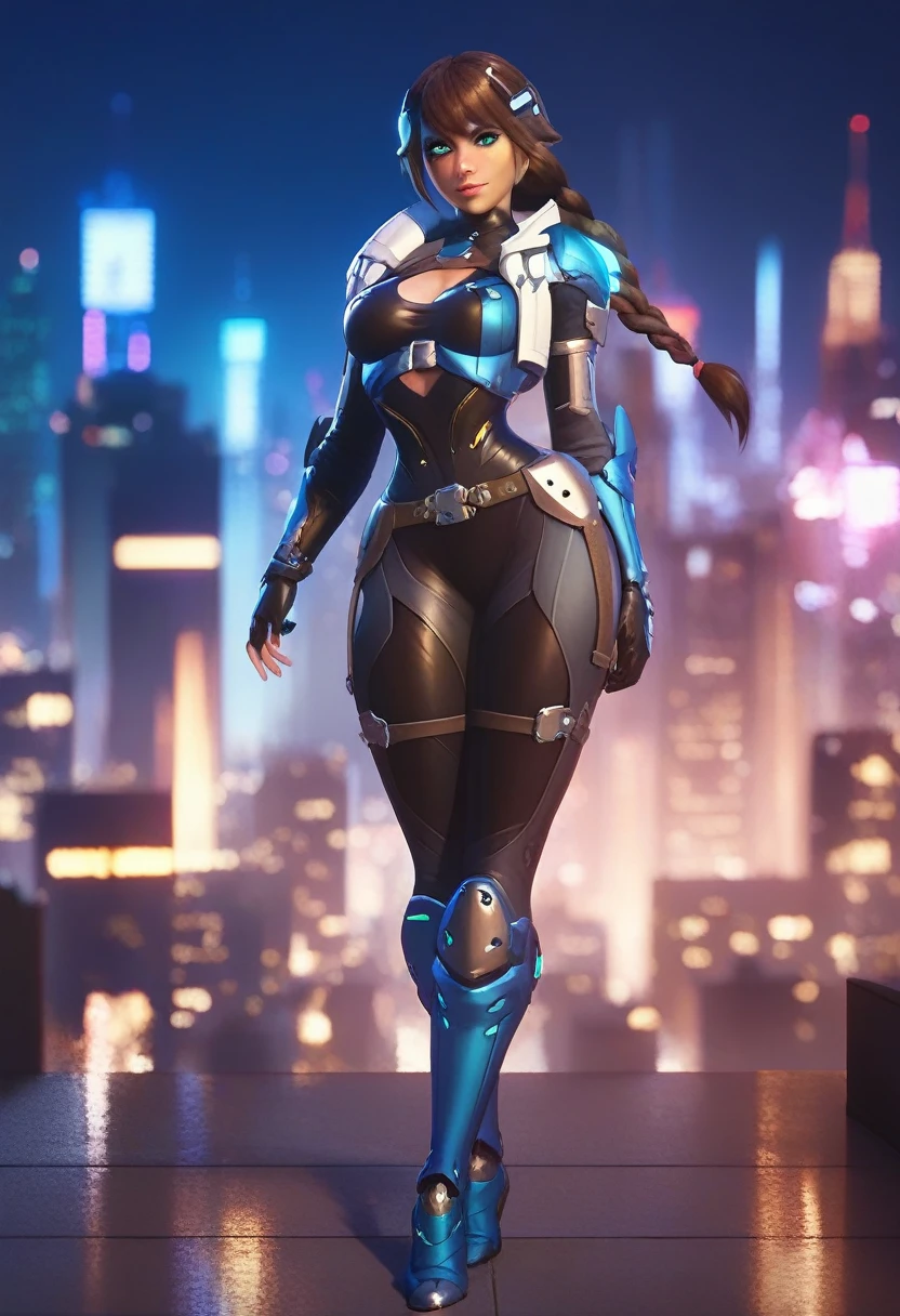 score_9, score_8_up, score_7_up, score_6_up, score_5_up, score_4_up, 1girl, medium breasts, tiny waist, narrow hips, innocent, facing viewer ((heterochromia)), braided long brown hair, detailed eyes , glowing left blue eye, full body, bodysuit, armor, SFW, night, rooftop, posing, city lights,