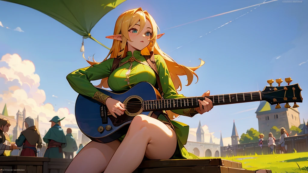 Anime Style,Nostalgic,Detailed background,The medieval world,A lively bar with lots of people,Beautiful sky,Two beautiful elves of a bard,guitar,Large Breasts,Healthy thighs