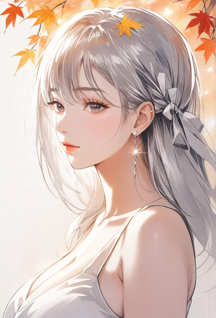 (8k, best quality, masterpiece:1.2),(best quality:1.0), (ultra highres:1.0), a beautiful woman, shoulder, hair ribbons, by agnes cecile, half body portrait, extremely luminous bright design, pastel colors, (ink:1.3), autumn lights,big breasts, earrings ,silver hair 
