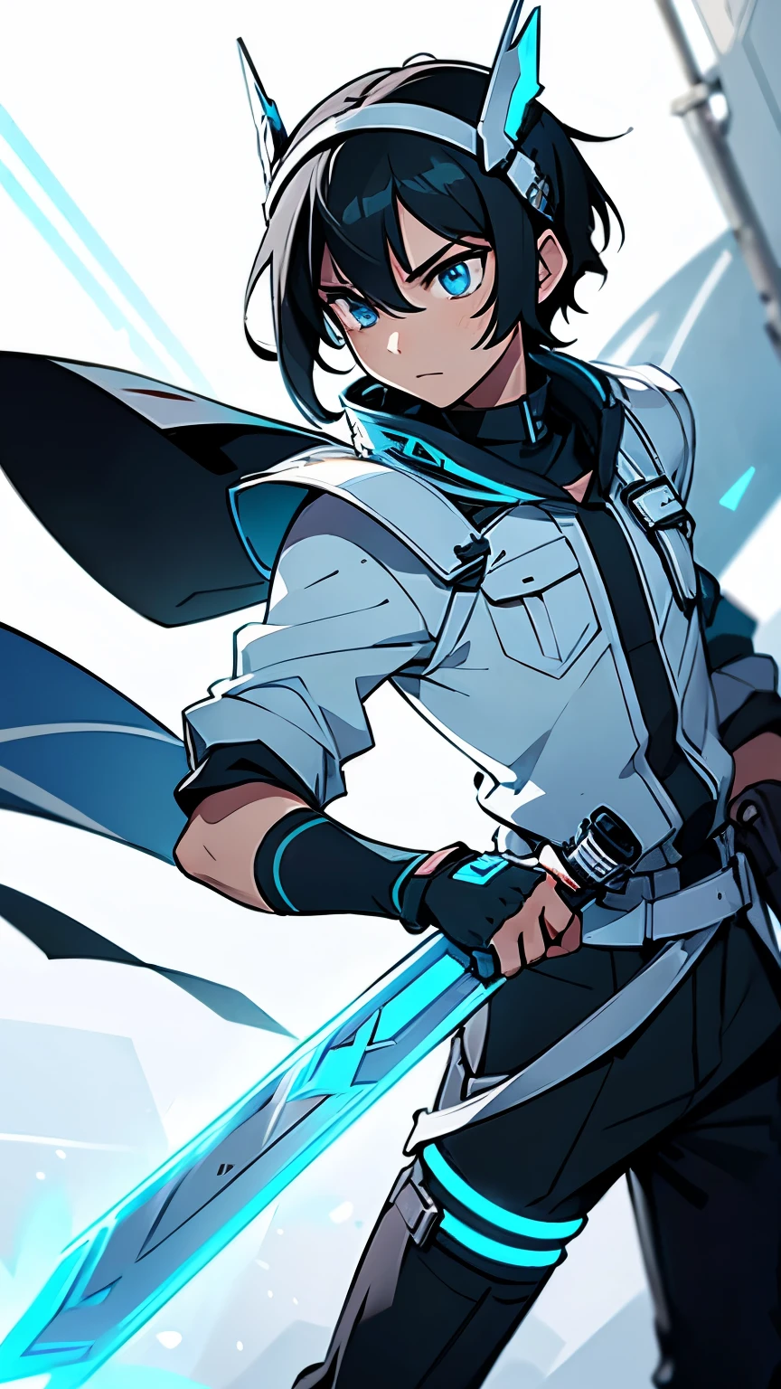 Young male, fair skin, black hair, light blue eyes, valkyrie headgear, holding an electric sword, in a futuristic world