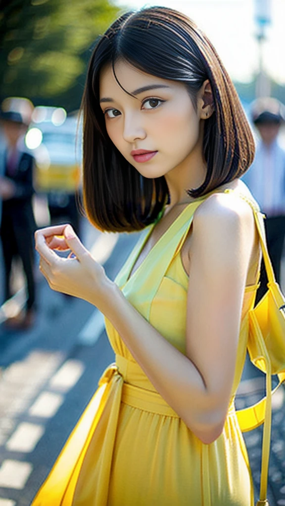 a woman posing on the street corner with yellow dress on, best quality, high res, 8k, 1girl, (huge breasts), day, bright, outdoor, (street:0.8), (people, crowds:1), (lace-trimmed dress:1.5, yellow clothes:1.5, yellow high-neck dress:1.5, sleeveless dress, yellow dress: 1.5), gorgeous, (forehead, medium hair, ponytail), beautiful detailed sky, beautiful earrings, (dynamic pose:0.8), (upper body:1.2), soft lighting, wind, shiny skin, looking at viewer, smile,(closed mouth:1.5),