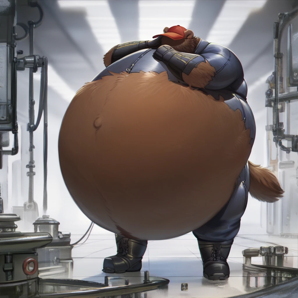 score_9, score_8_up, score_7_up, score_6_up, score_5_up, score_4_up, desolate, detailed background, factory, anthro bear, male, brown fur color, beard, red cap covering eyes, jumpsuit, work boots, inflating, hyper belly