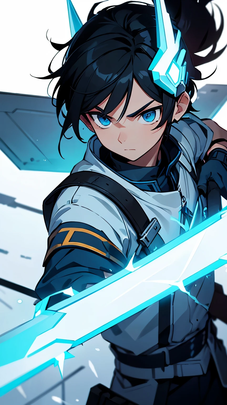 Young male, fair skin, black hair, light blue eyes, valkyrie headgear, holding an electric sword, in a futuristic world
