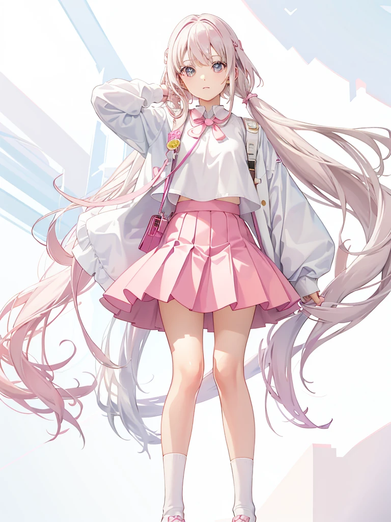 masterpiece, best quality, high resolution, white simple background, standing, slim waist, cute, sailor uniform, red skirt, knee high long socks, (Pastel Colors: 1.3), full body