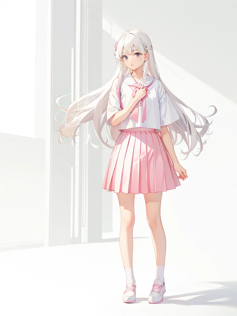 1 girl, pastel color, white straight hair, wearing white pink seifukuu, wearing pink skirt, long white socks, cool pose, perfect lighting.