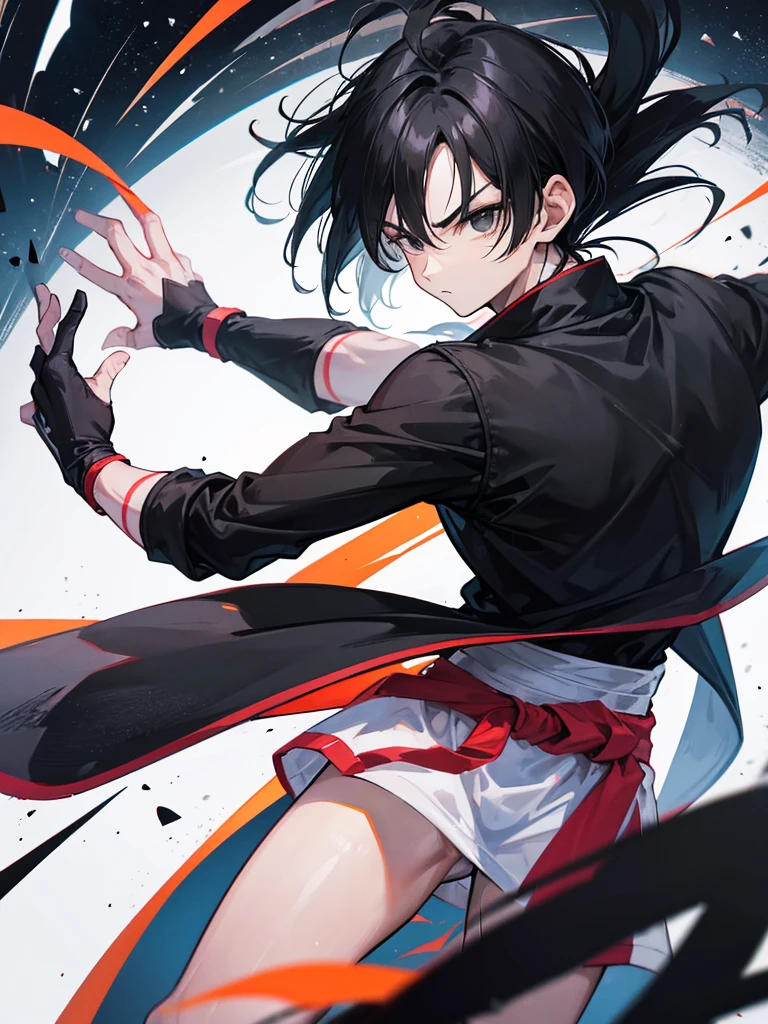 An adult boy, black hair, black eyes, designed in the style of Dragon Ball Z, in the middle of space holding a black photo.