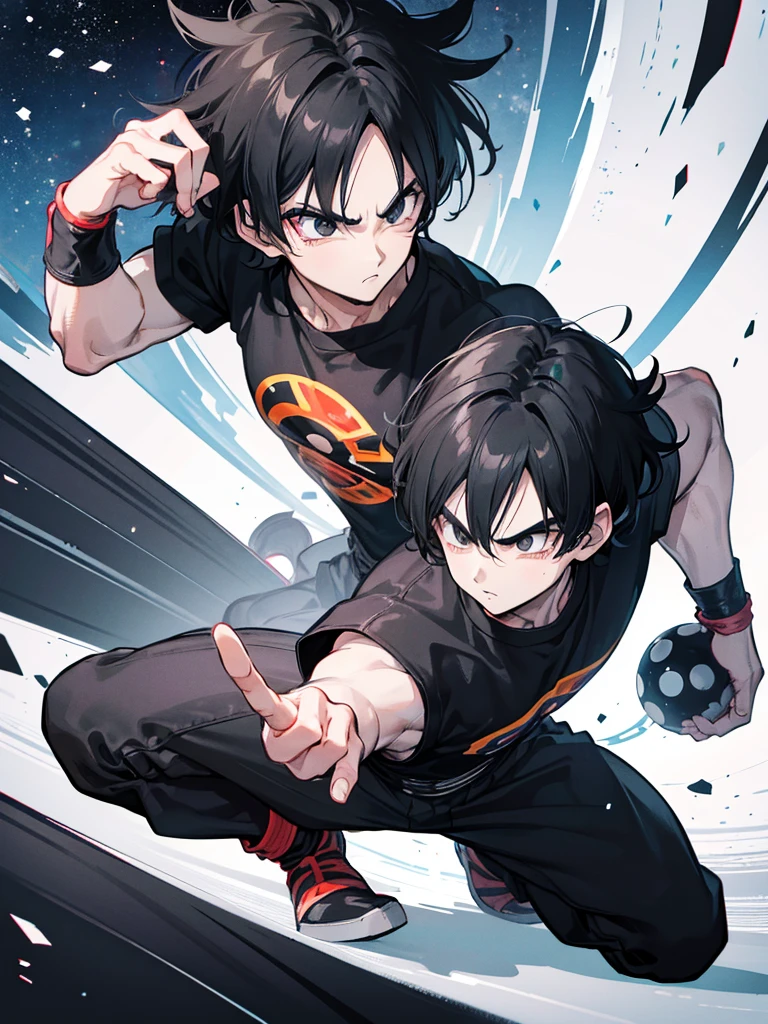 An adult boy, black hair, black eyes, designed in the style of Dragon Ball Z, in the middle of space holding a black photo.