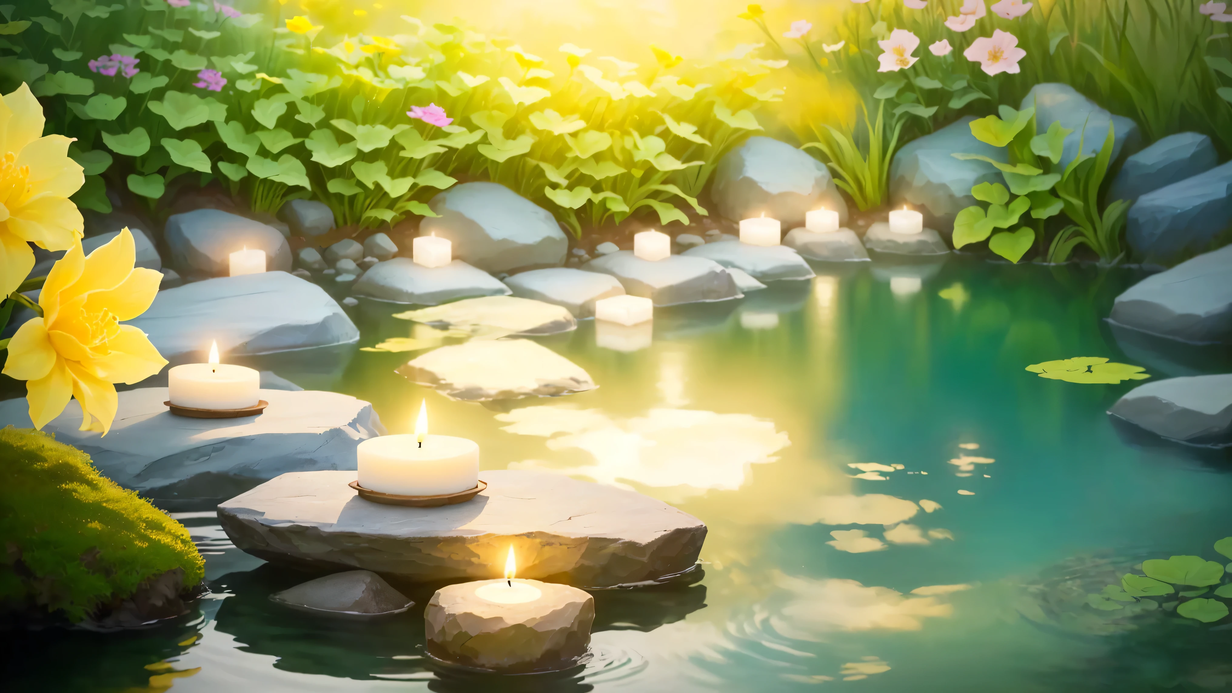 Many candles are lit on the underwater rocks, Floating Candles, Peaceful atmosphere, Zen Nature Background, Gentle lighting, Calm evening atmosphere, Peaceful atmosphere, Relaxed atmosphere, Serene landscape, Water reflecting the sunlight, Beautifully illuminated, Peaceful and serene, Peaceful environment, Quiet environment, Warm and fun atmosphere, Natural candle lighting, Peaceful landscape, Quiet landscape