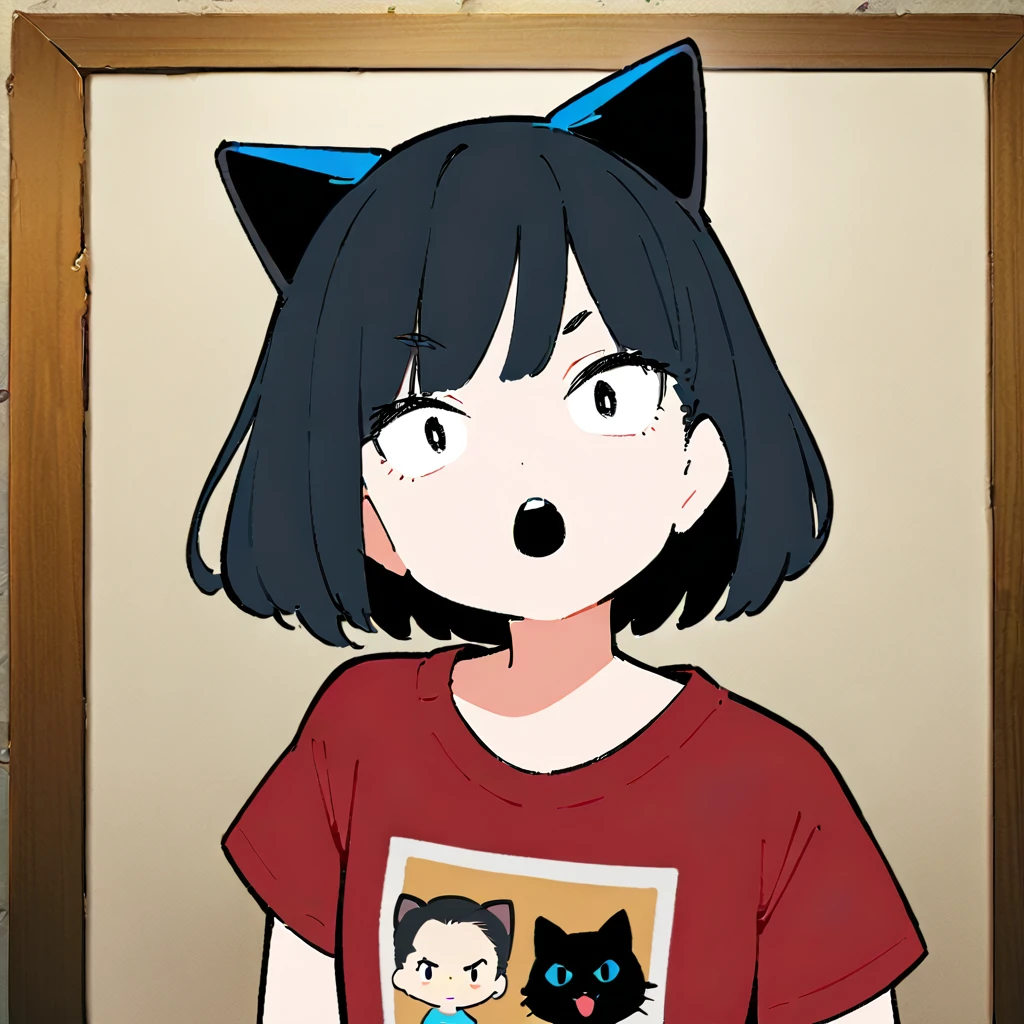 (((Right hand is punching)))(Thick painting style),Bold line, ((masterpiece,)),(((Highest quality))),((A girl in her twenties with her mouth slightly open,The whole body is visible)),Short black hair,Black cat ears,T-Shirts,jeans,(((Character Portrait,Full Art))),Messy
