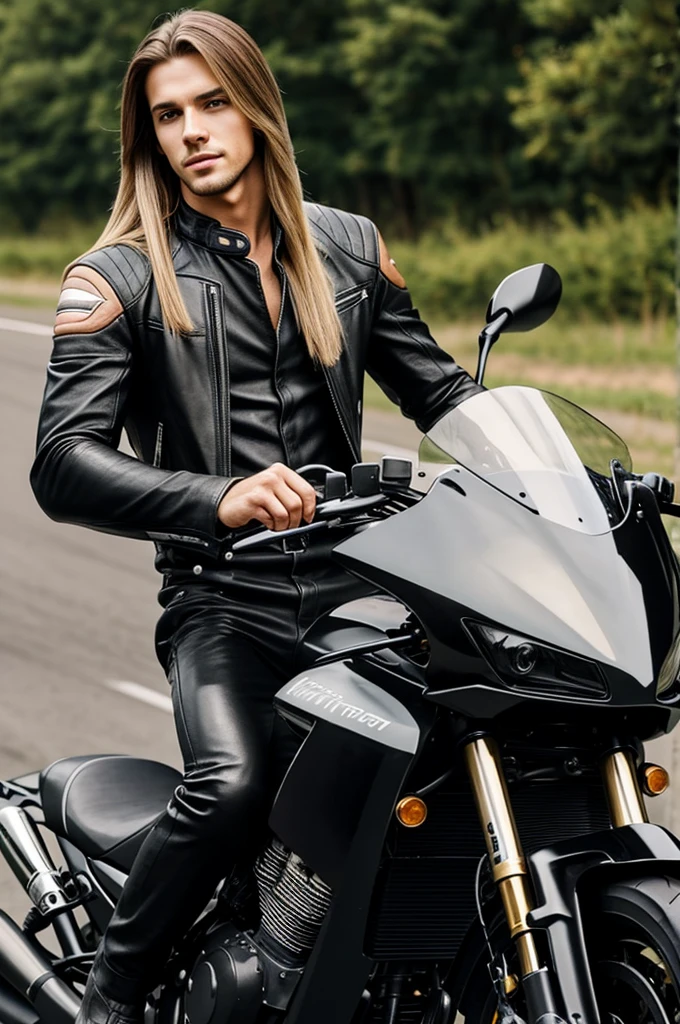 A handsome young man with long white shoulder-length hair dressed in black leather on a huge racing motorcycle