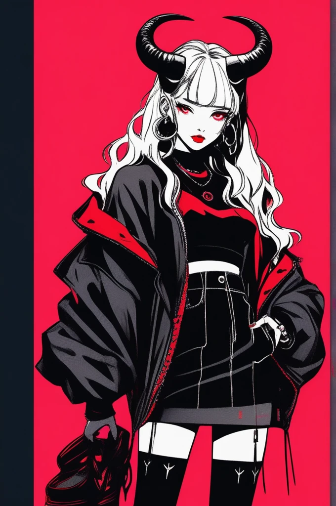 in style of Bradley K. McDevitt
half body,1girl,death goth style,long windbreaker,elegant,minimalist style,death style accessories,Silver hair,Hip-hop elements,With intense colors,Left side image monochrome,Right screen color