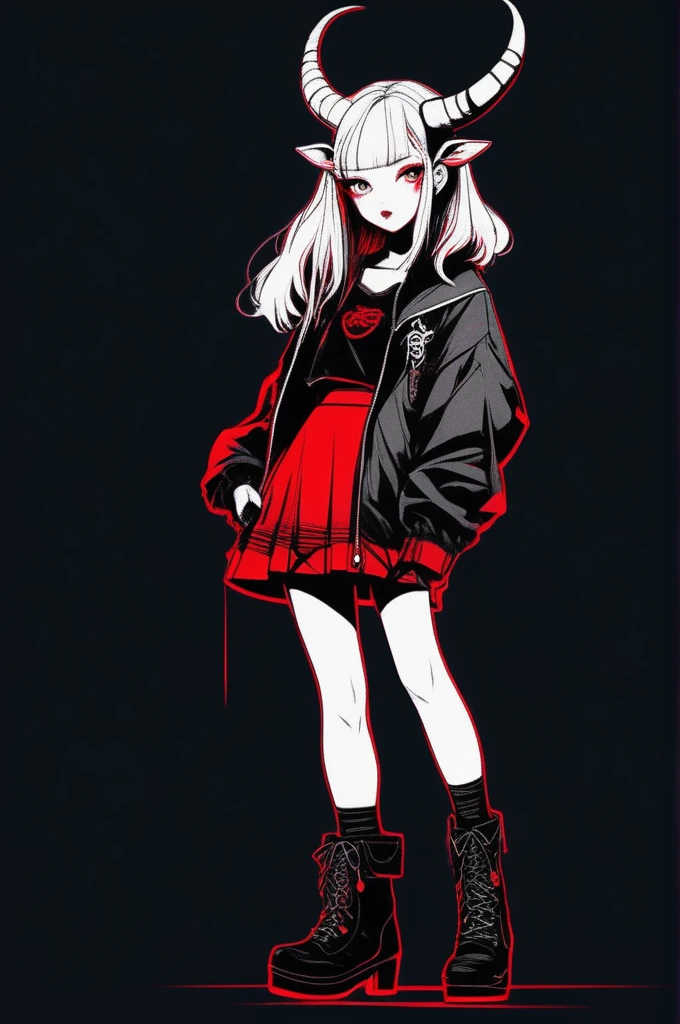 (best quality, sketch:1.2),realistic,illustrator,anime,1 girl with horns, detailed lips,custom, short skirt, black boots, black and red gradient background,neon hair,textured cropping, masterpiece, style retro classic, noir style , Japanese style, full body ((monochrome))