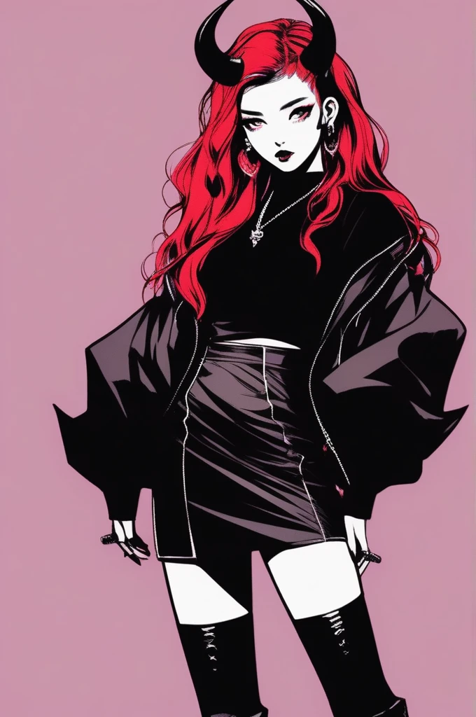 (best quality, sketch:1.2),realistic,illustrator,anime,1 girl with horns, detailed lips,custom, short skirt, black and red gradient background,neon hair,textured cropping, masterpiece, style retro classic, ???? style , Japanese style, full body ((monochrome))