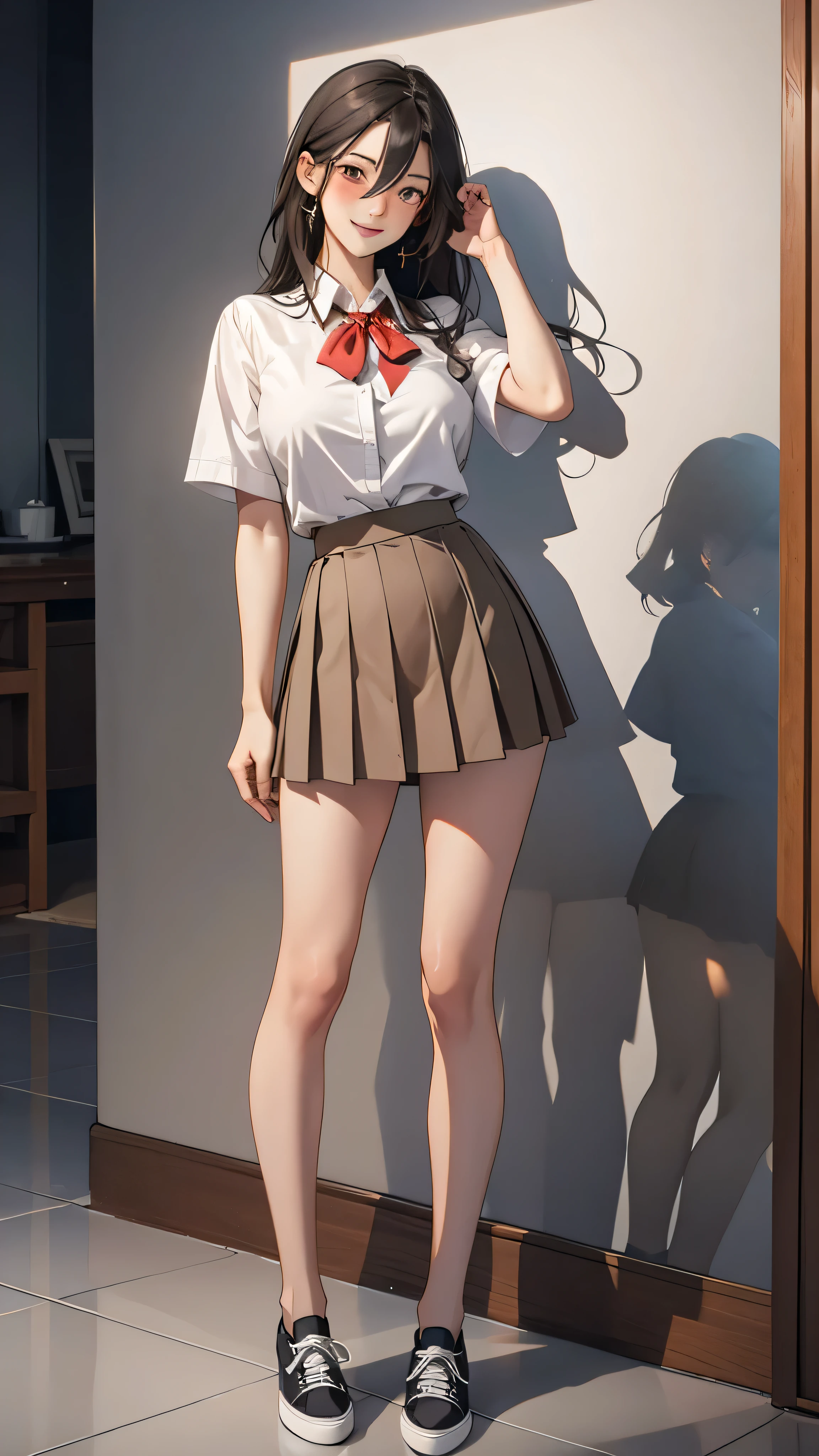 1 girl, Bare legs, black hair, Blush, bow, bowtie, gag, collared shirt, dress shirt, flashing, white shirt, hair between the eyes, In the building,Standing in a cute pose,full body, lips, long hair, look at viewer, miniskirt, pleated skirt, red ribbon, reflection, , Shiny skin, shirt, short sleeve, sit, skirt, big breasts, smile, canvas shoes, alone, light brown eyes, Masterpiece, best quality, height, official art, Very detailed CG unity 8k wallpaper.