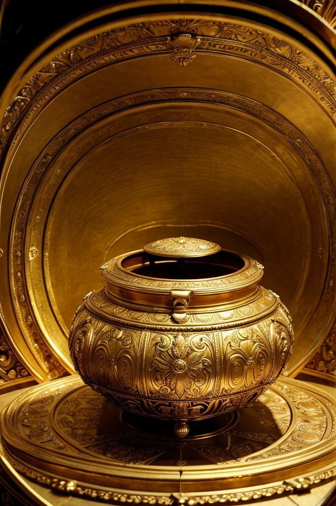 ((best quality)), ((masterpiece)), (detailed), perfect . In the center of a large chamber, there is a golden chest