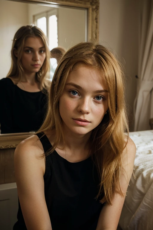 Frail Young French girl of 10 years old blond-redhead on her parents&#39; boat takes advantage of the sun to get tanned dressed in denim shorts and a sports brewery on a magnificent sunny summer day 
