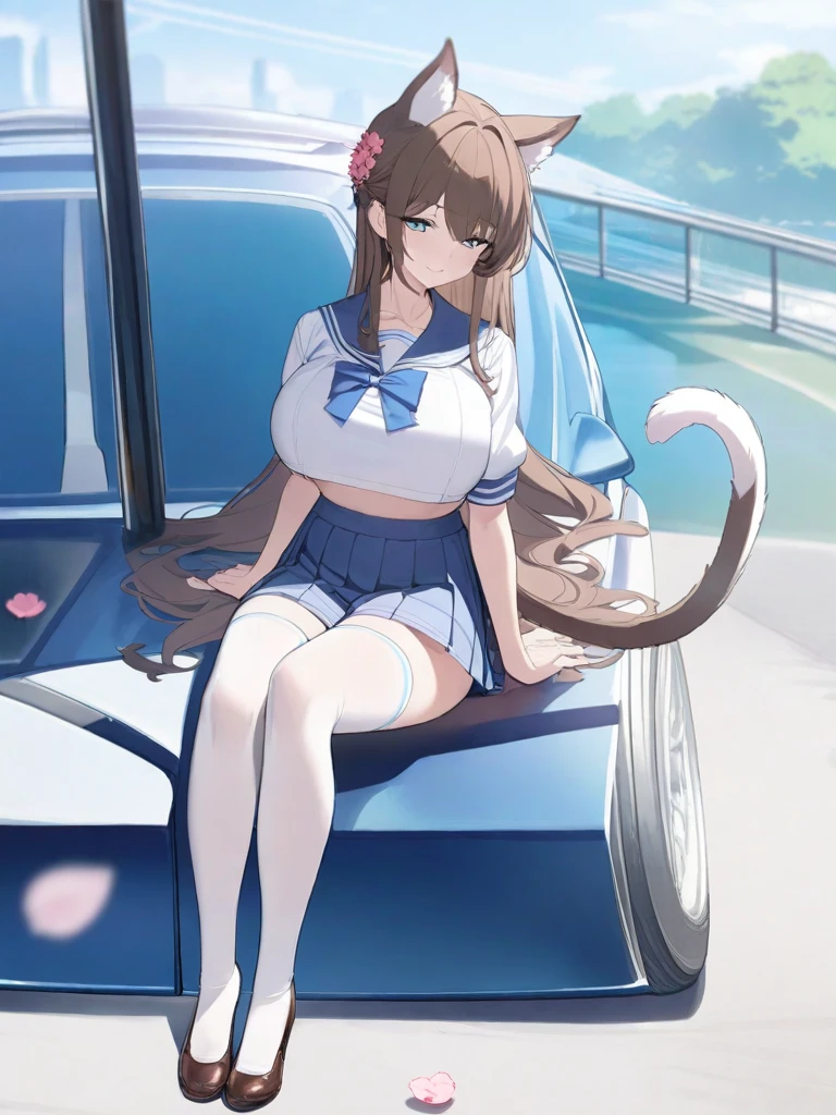 masterpiece, best quality, high quality, beautiful anime character, solo, anime girl with brown hair, long hair, car ears, blue eyes, big breasts, mature female, big girl, light smile, outdoors, almost full body, (sailor uniform, ribbon, pleated skirt), white thighhighs, (flower on head), sitting, (long cat tail), fluffy hair, 