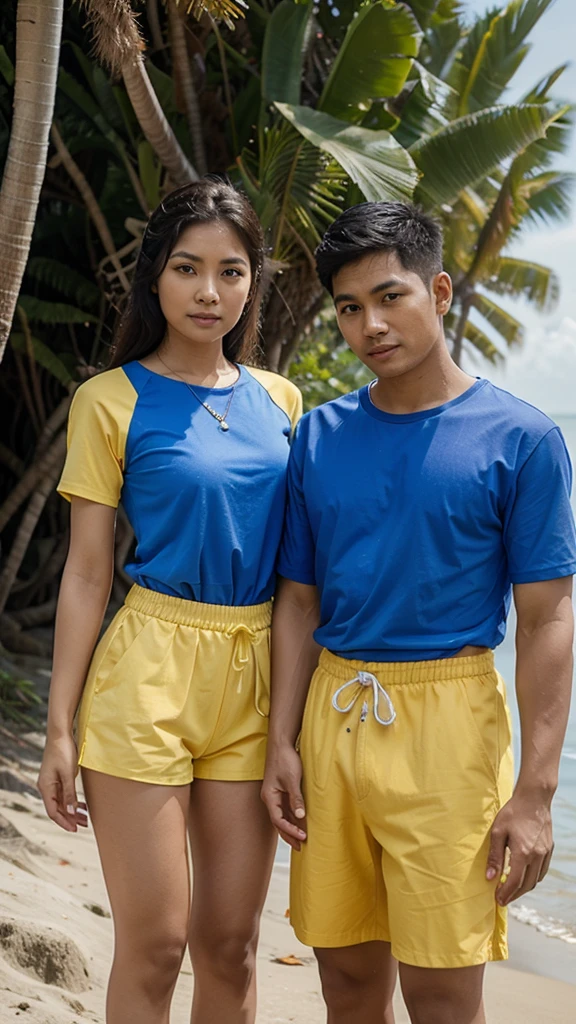 Realistic pilipino couple wearing a blue shirt and yellow dress and shorts standing in beach.