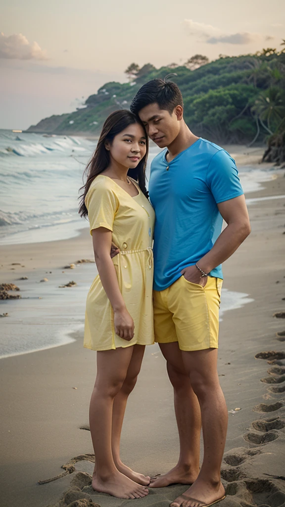 Realistic pilipino couple wearing a blue shirt and yellow dress and shorts standing in beach.