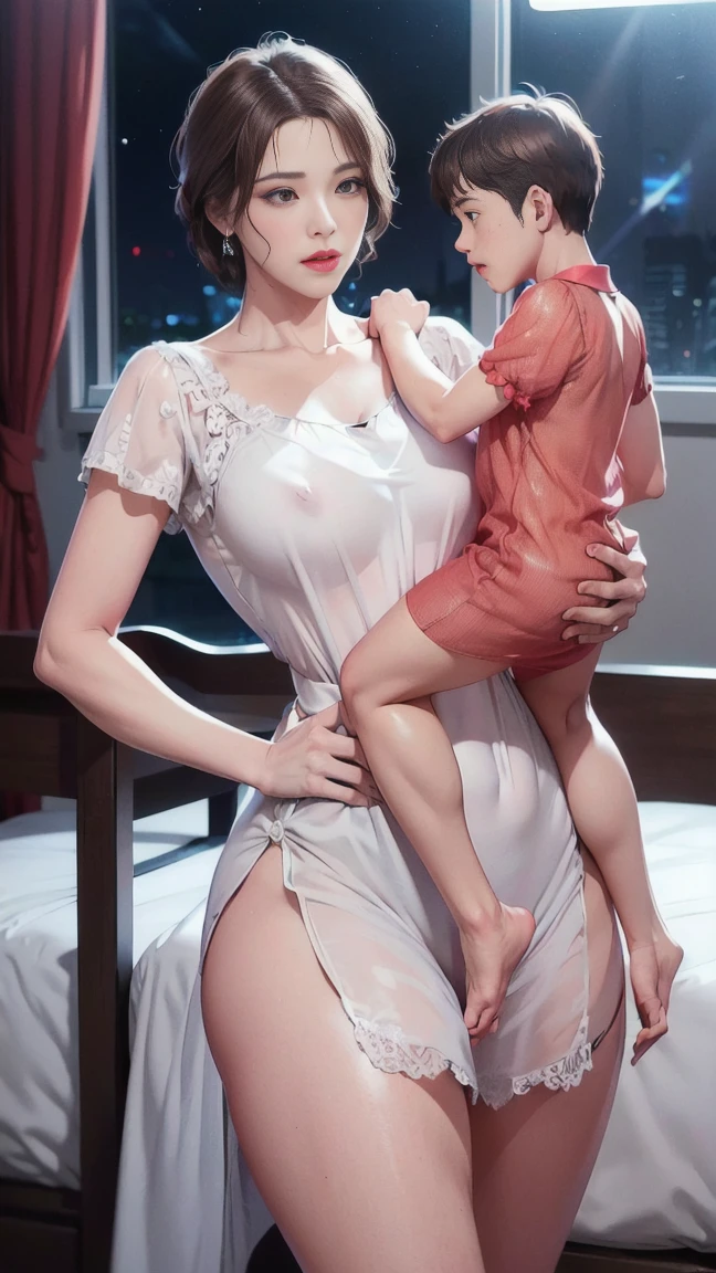 ((1 mature mother and her young son)),Delicate details on the lips,a milf,artstationh trend,intricate face details,curvy physique,(thick body),vibrant,4k,12k resolution,seductive,  mom boy seductive ippo makanaochi, ((see through nightgown, slim body, slim leggs, long leggs : 1.2)