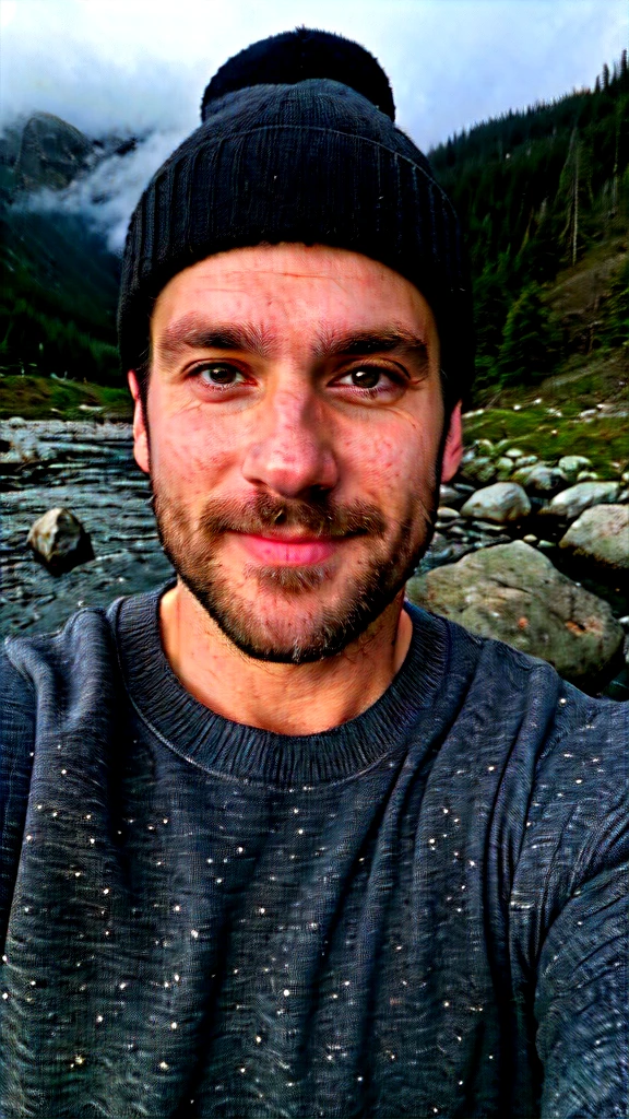 Real photograph, photo of attractive 30yo man, selfie, upper body, solo, wearing pullover, outdoors, (night), mountains, real life nature, nebula and stars, moon, cheerful, happy, sweater, beanie, forest, rocks, river, wood, muscular hairy chest, hairy pubic, fog, staring at camera, skin texture, photo grain, close up, RAW photo