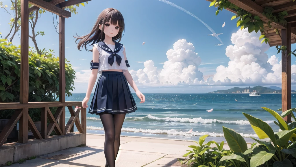 (masterpiece),  town,  blue sky,  Cumulonimbus, A girl in front（whole body）,  smile,  alone,  Sailor Long Skirt,  Overgrown,  petal,  plant、Skirt lining、Translucent slip、nostalgic、Black Pantyhose、Especially the sea view