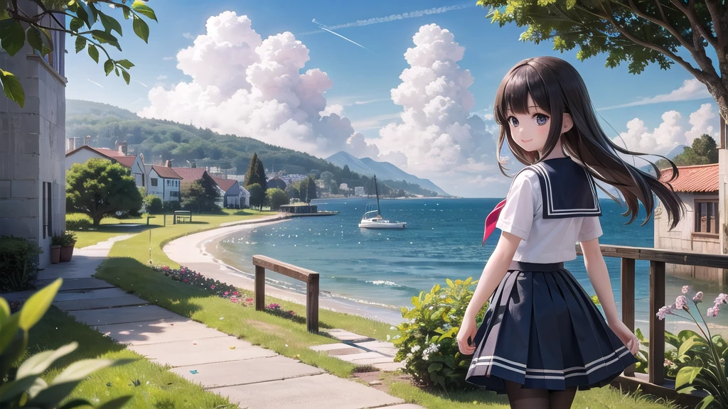 (masterpiece), town, blue sky, Cumulonimbus, A girl in front(whole body), smile, alone, Sailor Long Skirt, Overgrown, petal, plant、Skirt lining、Translucent slip、nostalgic、Black Pantyhose、Especially the sea view