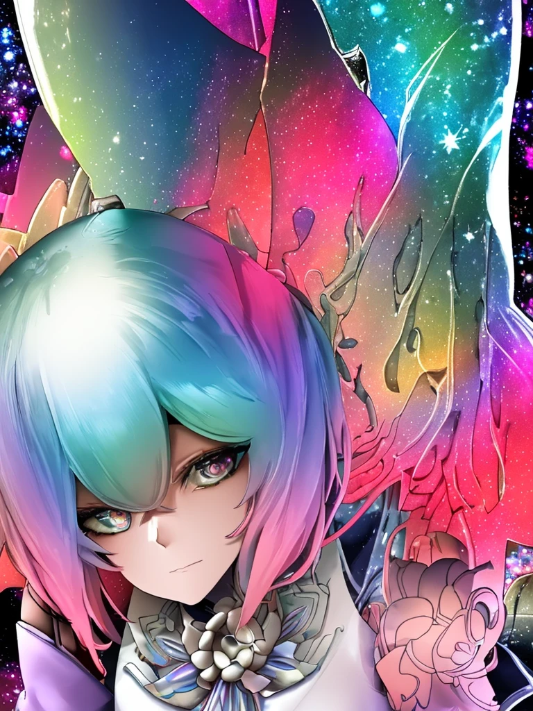 A girl with rainbow hair and detailed teal armor., stand, Rainbow cosmic nebula background, star, galaxy, complicated details, perfect face