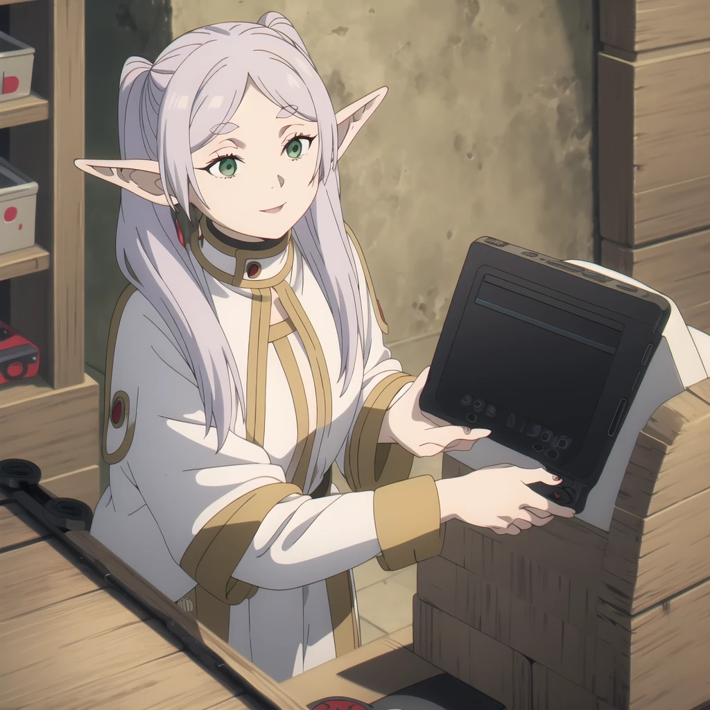 masterpiece, best quality, (illustration), solo, Frieren, pointy ears, twintails, green eyes, elf, long hair, white hair, thick eyebrows, parted bangs, breasts, upper body, smile, (close_up:0.85), (playing videogame:1.3),