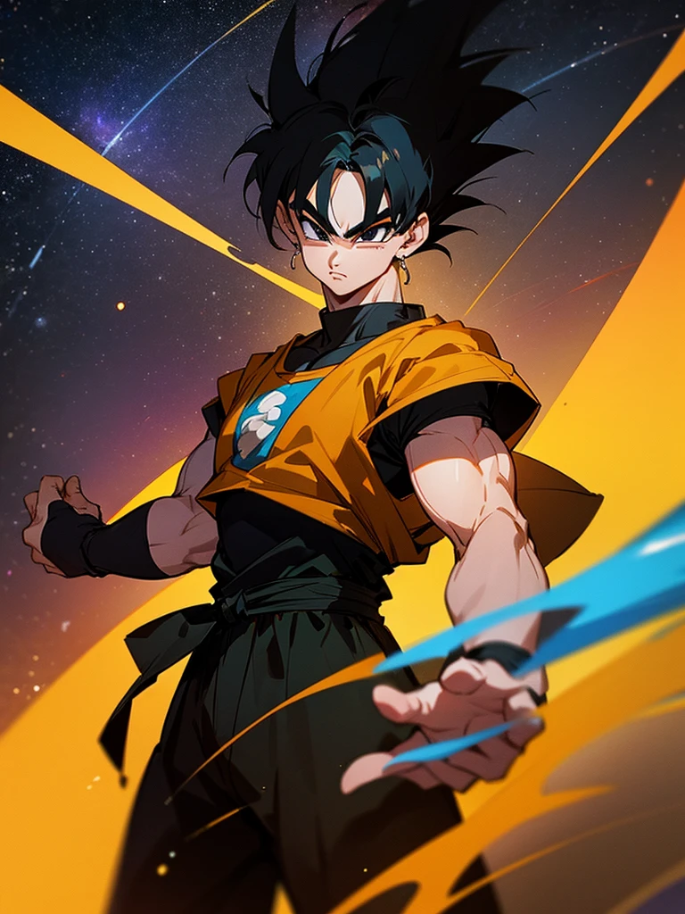 An adult boy, black hair, black eyes, designed in the style of Dragon Ball Z, in the middle of space holding a black photo.