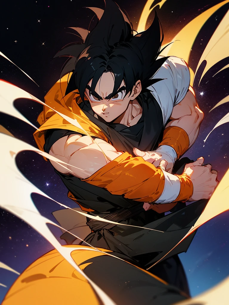 An adult boy, black hair, black eyes, designed in the style of Dragon Ball Z, in the middle of space holding a black photo.