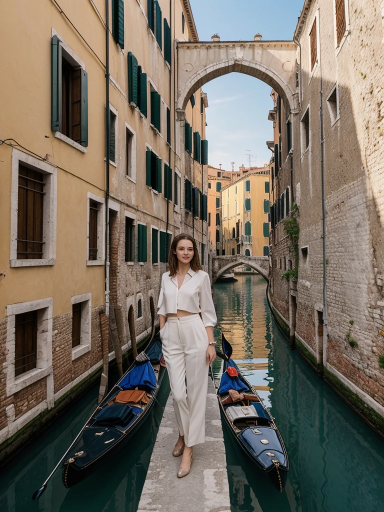 her name is Elle, high quality, 1girl, ((20-year-old fit Caucasian woman)), ((20 years old)), ((fit)), ((pale skin)), short length straight dark hair , wearing Cropped Graphic Blazer + High-Waisted Split Hem Pants, pose: standing, background: Capture the romantic atmosphere of Venice, Italy, with gondolas gliding through narrow canals, historic buildings lining the waterways, and bridges arching gracefully over the water.