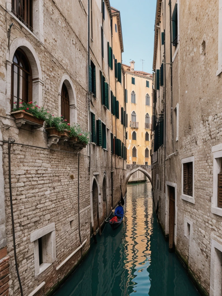 her name is Elle, high quality, 1girl, ((20-year-old fit Caucasian woman)), ((20 years old)), ((fit)), ((pale skin)), short length straight dark hair , wearing Cropped Graphic Blazer + High-Waisted Split Hem Pants, pose: standing, background: Capture the romantic atmosphere of Venice, Italy, with gondolas gliding through narrow canals, historic buildings lining the waterways, and bridges arching gracefully over the water.