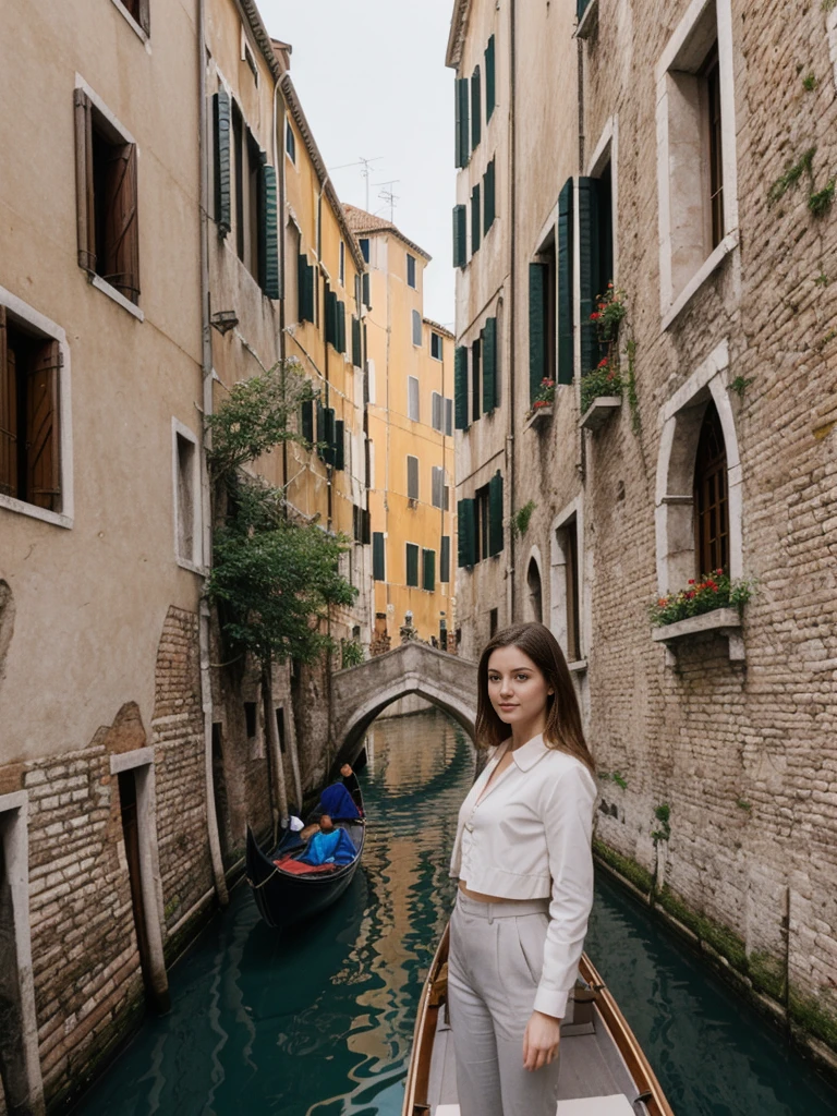 her name is Elle, high quality, 1girl, ((20-year-old fit Caucasian woman)), ((20 years old)), ((fit)), ((pale skin)), short length straight dark hair , wearing Cropped Graphic Blazer + High-Waisted Split Hem Pants, pose: standing, background: Capture the romantic atmosphere of Venice, Italy, with gondolas gliding through narrow canals, historic buildings lining the waterways, and bridges arching gracefully over the water.