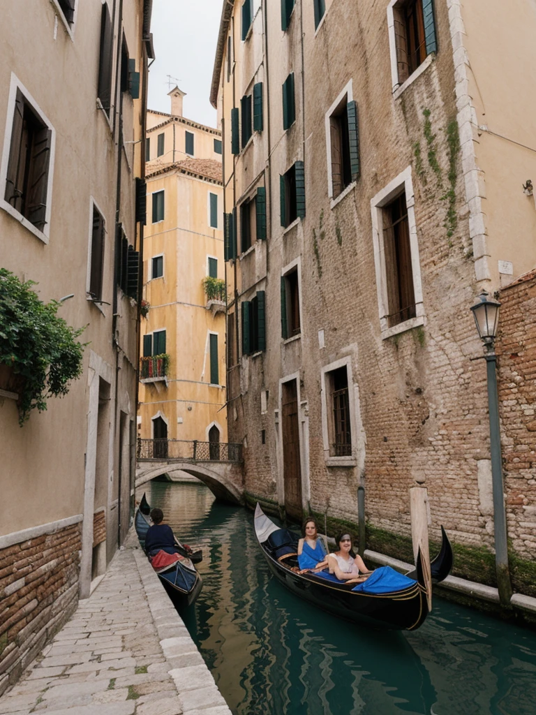her name is Elle, high quality, 1girl, ((20-year-old fit Caucasian woman)), ((20 years old)), ((fit)), ((pale skin)), short length straight dark hair , wearing Cropped Graphic Blazer + High-Waisted Split Hem Pants, pose: standing, background: Capture the romantic atmosphere of Venice, Italy, with gondolas gliding through narrow canals, historic buildings lining the waterways, and bridges arching gracefully over the water.