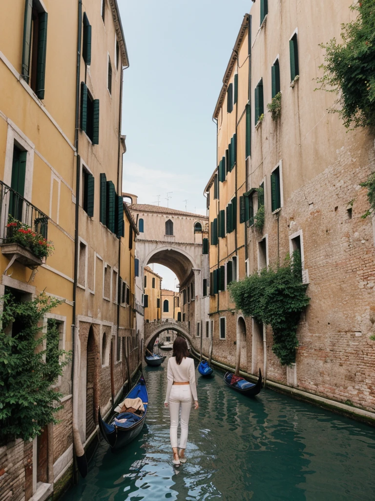 her name is Elle, high quality, 1girl, ((20-year-old fit Caucasian woman)), ((20 years old)), ((fit)), ((pale skin)), short length straight dark hair , wearing Cropped Graphic Blazer + High-Waisted Split Hem Pants, pose: standing, background: Capture the romantic atmosphere of Venice, Italy, with gondolas gliding through narrow canals, historic buildings lining the waterways, and bridges arching gracefully over the water.