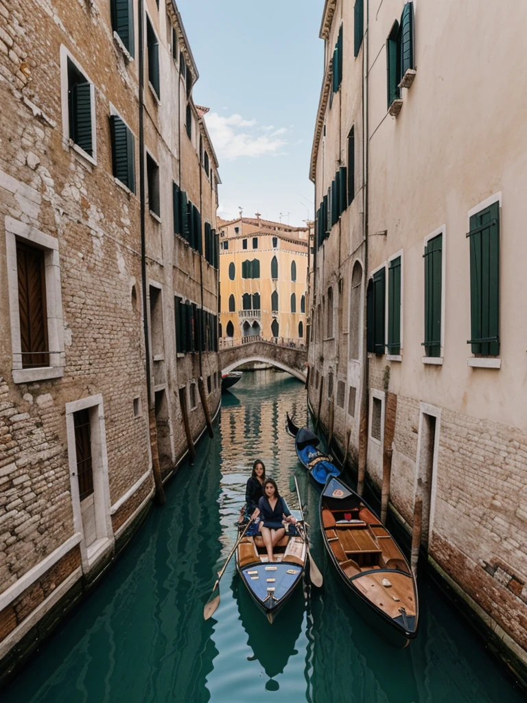 her name is Elle, high quality, 1girl, ((20-year-old fit Caucasian woman)), ((20 years old)), ((fit)), ((pale skin)), short length straight dark hair , wearing Cropped Graphic Blazer + High-Waisted Split Hem Pants, pose: standing, background: Capture the romantic atmosphere of Venice, Italy, with gondolas gliding through narrow canals, historic buildings lining the waterways, and bridges arching gracefully over the water.