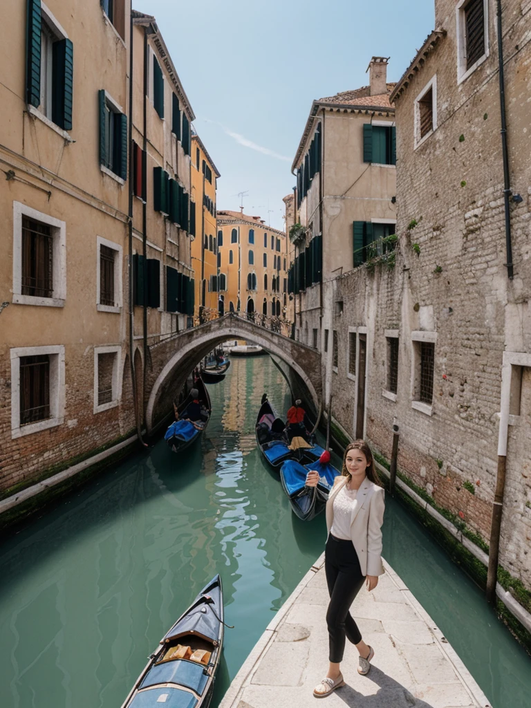 her name is Elle, high quality, 1girl, ((20-year-old fit Caucasian woman)), ((20 years old)), ((fit)), ((pale skin)), short length straight dark hair , wearing Cropped Graphic Blazer + High-Waisted Split Hem Pants, pose: standing, background: Capture the romantic atmosphere of Venice, Italy, with gondolas gliding through narrow canals, historic buildings lining the waterways, and bridges arching gracefully over the water.