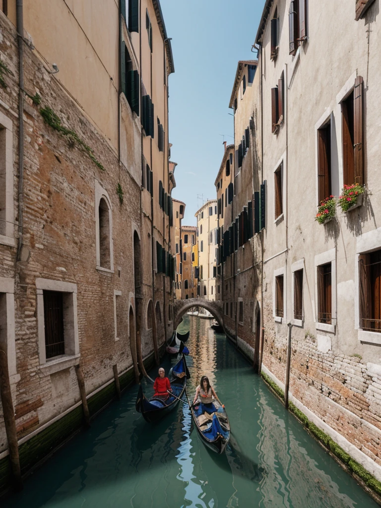 her name is Elle, high quality, 1girl, ((20-year-old fit Caucasian woman)), ((20 years old)), ((fit)), ((pale skin)), short length straight dark hair , wearing Cropped Graphic Blazer + High-Waisted Split Hem Pants, pose: standing, background: Capture the romantic atmosphere of Venice, Italy, with gondolas gliding through narrow canals, historic buildings lining the waterways, and bridges arching gracefully over the water.