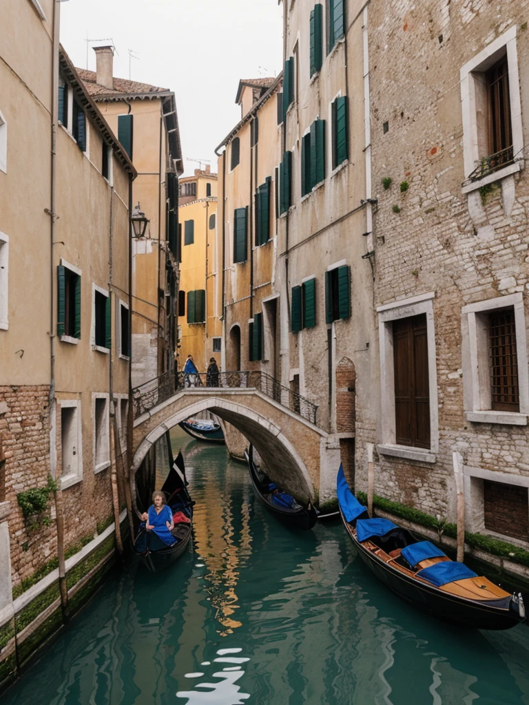 her name is Elle, high quality, 1girl, ((20-year-old fit Caucasian woman)), ((20 years old)), ((fit)), ((pale skin)), short length straight dark hair , wearing Cropped Graphic Blazer + High-Waisted Split Hem Pants, pose: standing, background: Capture the romantic atmosphere of Venice, Italy, with gondolas gliding through narrow canals, historic buildings lining the waterways, and bridges arching gracefully over the water.
