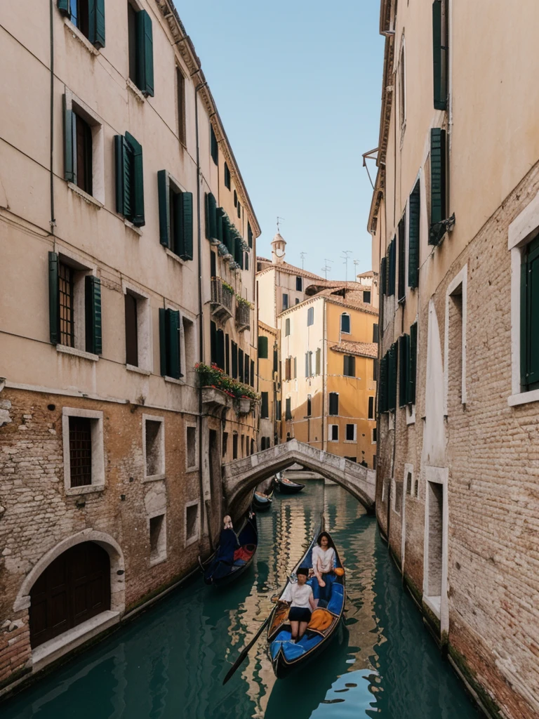 her name is Elle, high quality, 1girl, ((20-year-old fit Caucasian woman)), ((20 years old)), ((fit)), ((pale skin)), short length straight dark hair , wearing Cropped Graphic Blazer + High-Waisted Split Hem Pants, pose: standing, background: Capture the romantic atmosphere of Venice, Italy, with gondolas gliding through narrow canals, historic buildings lining the waterways, and bridges arching gracefully over the water.