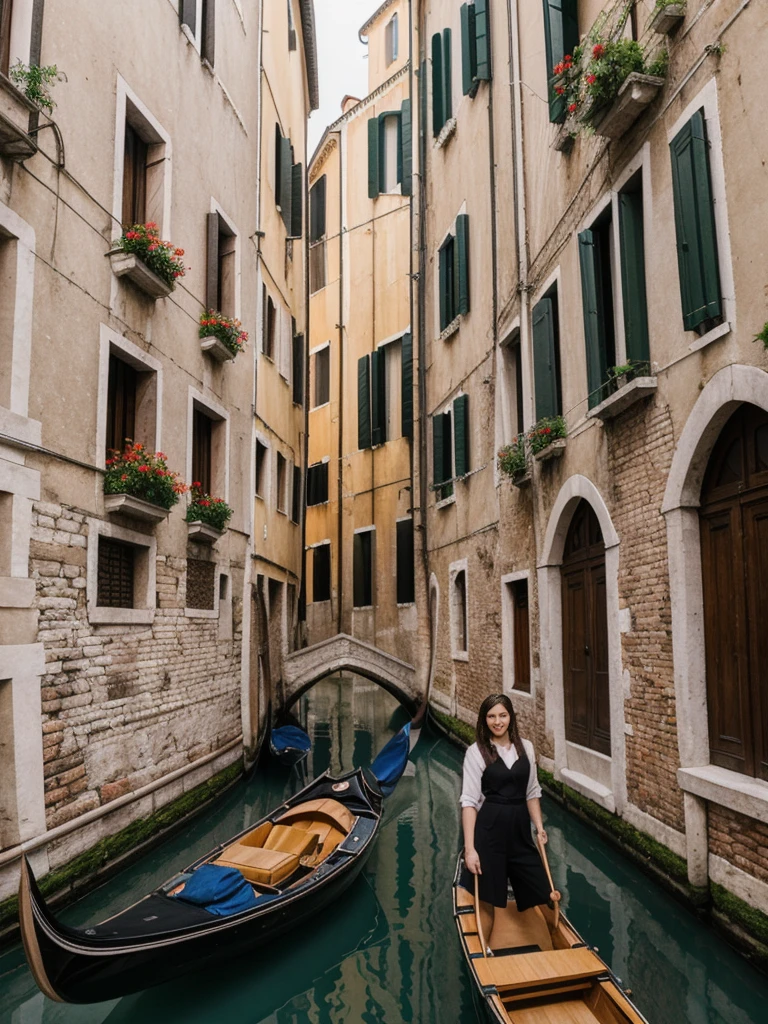 her name is Elle, high quality, 1girl, ((20-year-old fit Caucasian woman)), ((20 years old)), ((fit)), ((pale skin)), short length straight dark hair , wearing Cropped Graphic Blazer + High-Waisted Split Hem Pants, pose: standing, background: Capture the romantic atmosphere of Venice, Italy, with gondolas gliding through narrow canals, historic buildings lining the waterways, and bridges arching gracefully over the water.