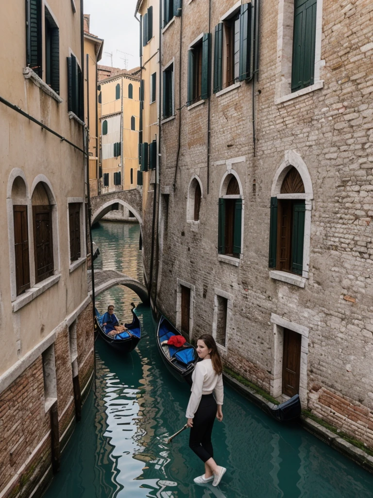 her name is Elle, high quality, 1girl, ((20-year-old fit Caucasian woman)), ((20 years old)), ((fit)), ((pale skin)), short length straight dark hair , wearing Cropped Graphic Blazer + High-Waisted Split Hem Pants, pose: standing, background: Capture the romantic atmosphere of Venice, Italy, with gondolas gliding through narrow canals, historic buildings lining the waterways, and bridges arching gracefully over the water.