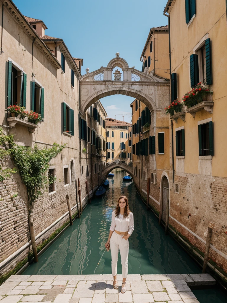her name is Elle, high quality, 1girl, ((20-year-old fit Caucasian woman)), ((20 years old)), ((fit)), ((pale skin)), short length straight dark hair , wearing Cropped Graphic Blazer + High-Waisted Split Hem Pants, pose: standing, background: Capture the romantic atmosphere of Venice, Italy, with gondolas gliding through narrow canals, historic buildings lining the waterways, and bridges arching gracefully over the water.