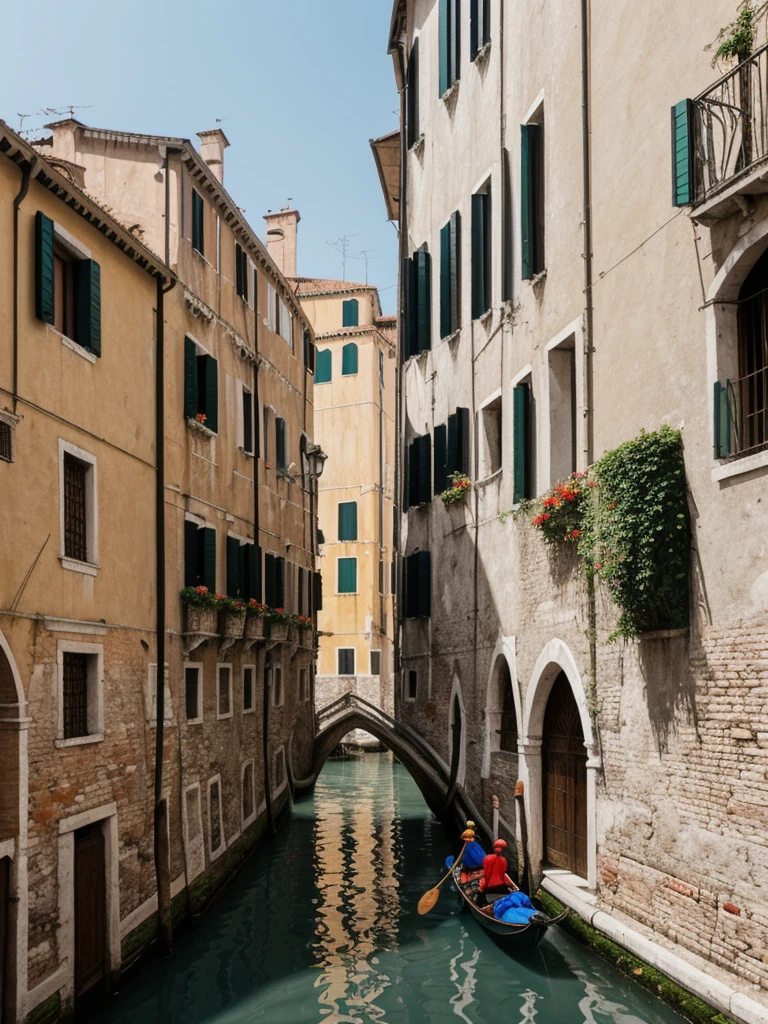 her name is Elle, high quality, 1girl, ((20-year-old fit Caucasian woman)), ((20 years old)), ((fit)), ((pale skin)), short length straight dark hair , wearing Cropped Graphic Blazer + High-Waisted Split Hem Pants, pose: standing, background: Capture the romantic atmosphere of Venice, Italy, with gondolas gliding through narrow canals, historic buildings lining the waterways, and bridges arching gracefully over the water.