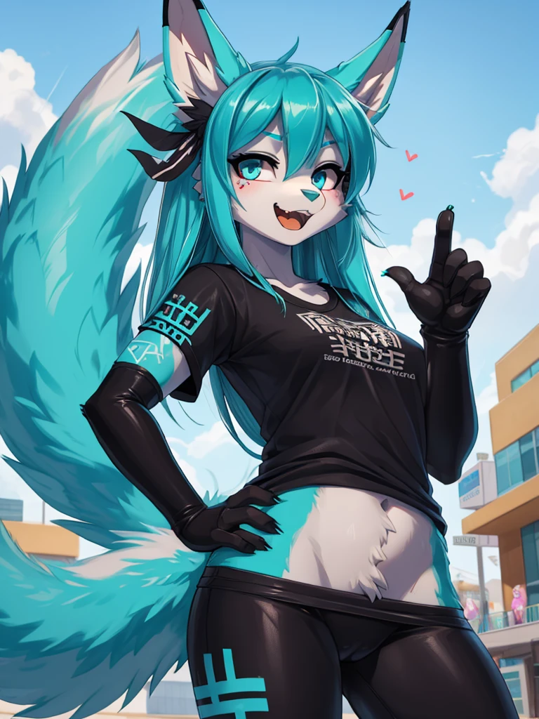 Miku Hatsune, high definition add_detail:1, blue fur,kitsune ears, tribal tattoo add_detail:1 cute high school clothes, pretty girl add_detail:3 18 year old girl, short black lycra, black metal t shirt, flirty look add_detail:3, hands rock sign, shouting add_detail:1