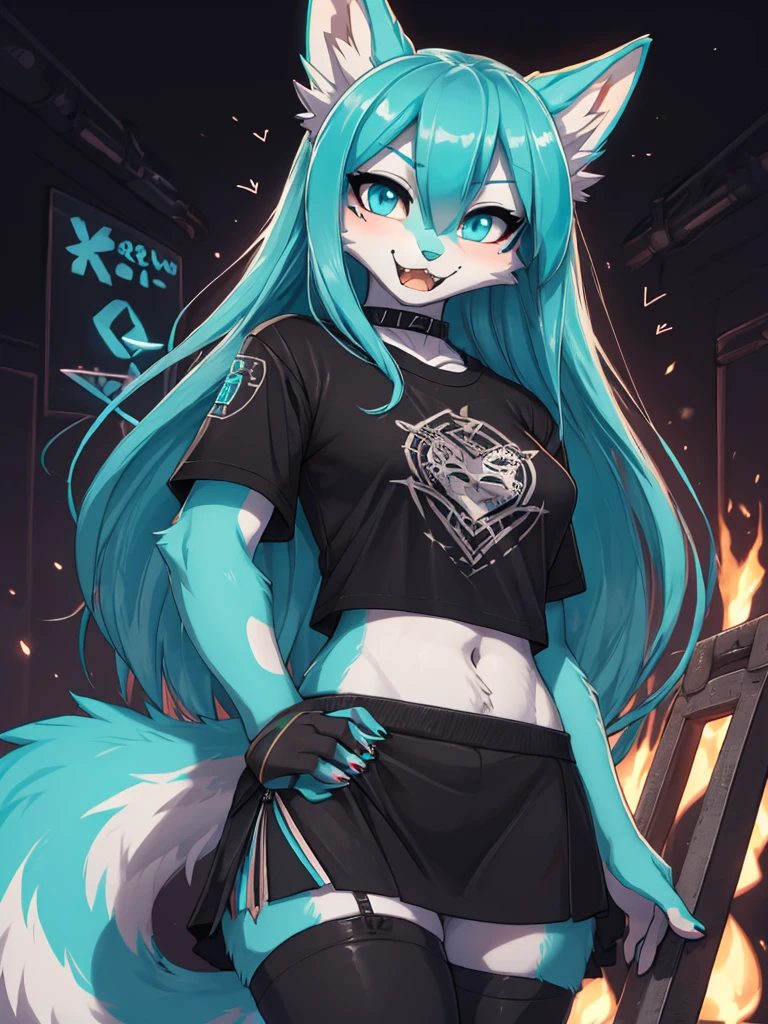 Miku Hatsune, high definition add_detail:1, blue fur,kitsune ears, tribal tattoo add_detail:1 cute high school clothes, pretty girl add_detail:3 18 year old girl, short black lycra, black metal t shirt, flirty look add_detail:3, hands rock sign, shouting add_detail:1